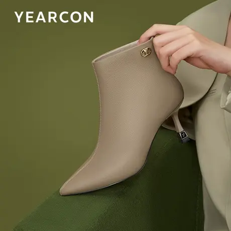 意尔康时装靴女2023新款秋冬季欧美尖头高跟细跟后拉链真皮短靴子商品大图