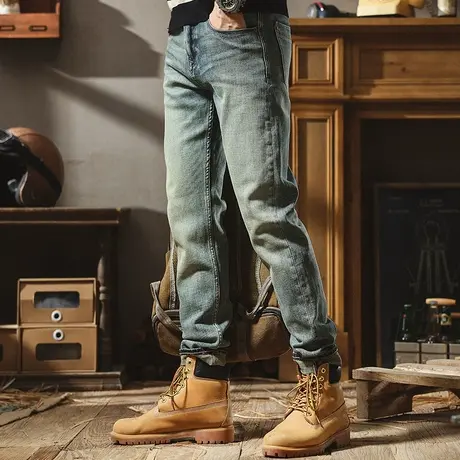 男土宽松冬季牛仔裤2022新款潮牌复古蓝色百搭弹力直筒休闲牛仔裤图片