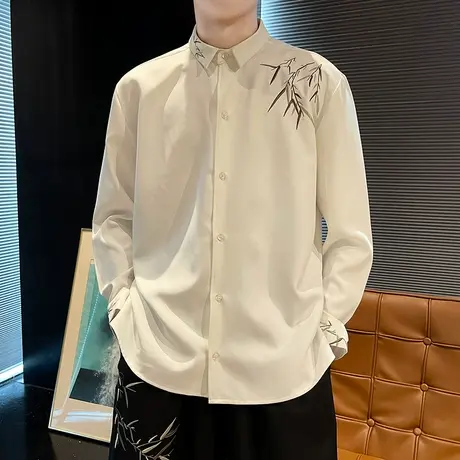 秋装新中式中国风长袖衬衫男小领口垂感刺绣国潮衬衣高级感上衣服图片