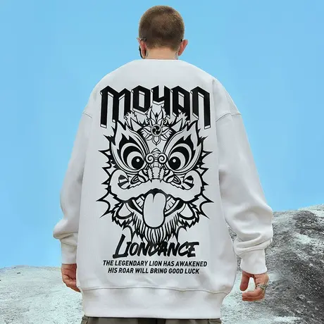 国潮中国风醒狮圆领大码男装潮牌胖子oversize秋冬季加绒卫衣潮流商品大图