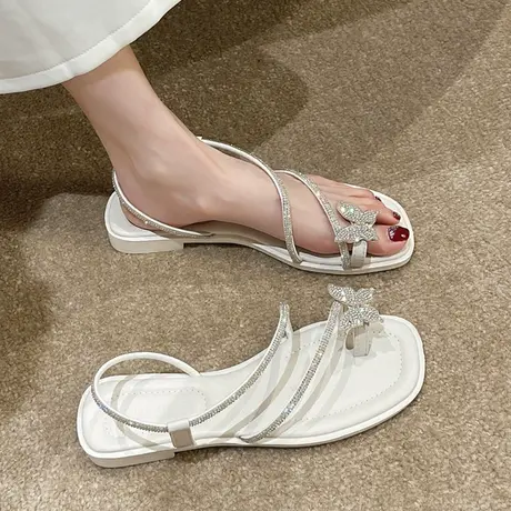 水钻蝴蝶结蛇形缠绕凉鞋低跟夏季新款一字带仙女风平底罗马水晶鞋商品大图