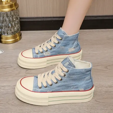 厚底高帮帆布鞋女2023夏秋款松糕女鞋牛仔百搭ins潮学生休闲板鞋图片