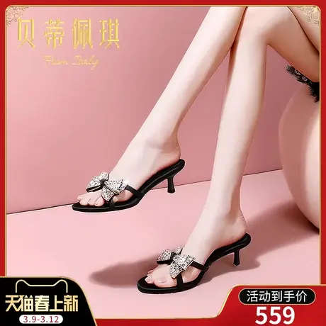 一字带凉拖鞋女春季新款2025年水钻蝴蝶结露趾细跟高跟鞋外穿时尚图片