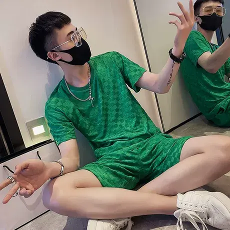 夏季男士t恤打底衫短袖修身格子运动套装纯色圆领薄款透气两件套图片