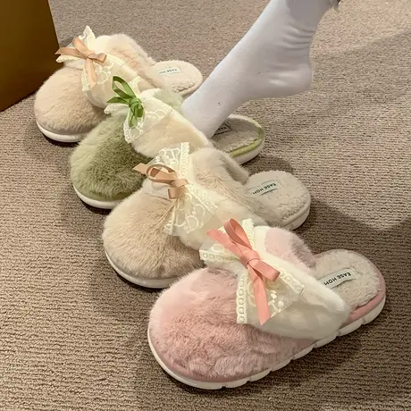 毛绒棉拖鞋女秋冬季外穿可爱蕾丝蝴蝶结室内居家保暖防滑包头拖鞋商品大图