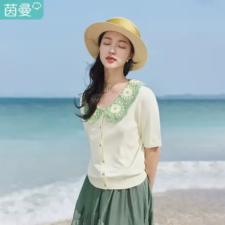 茵曼法式清新针织衫2023夏女装新款拼接钩花领V领短袖单排扣上衣图片