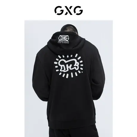 【新款】GXG男装 春季黑色印花卫衣连帽衫GB131555A商品大图