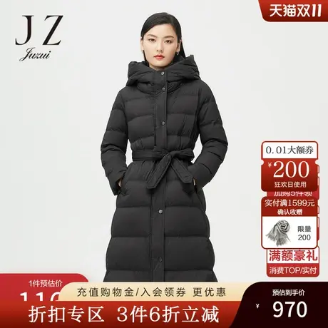 JUZUI玖姿奥莱冬季新款黑色连帽收腰长款保暖外套女休闲羽绒服商品大图