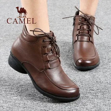 Camel/骆驼女鞋冬季款加绒保暖系带真牛皮中年舒适休闲妈妈短靴子图片