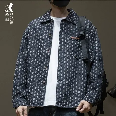 希越休闲牛仔衬衫男2024春季潮牌宽松大码满身印夹克复古男士外套图片