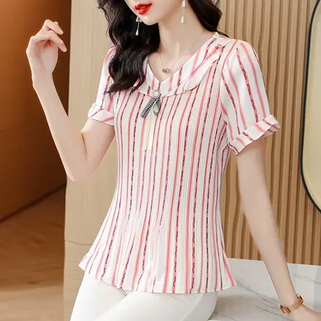 夏季短袖雪纺衫女装2023年新款碎花时尚条纹衬衫别致漂亮妈妈上衣图片