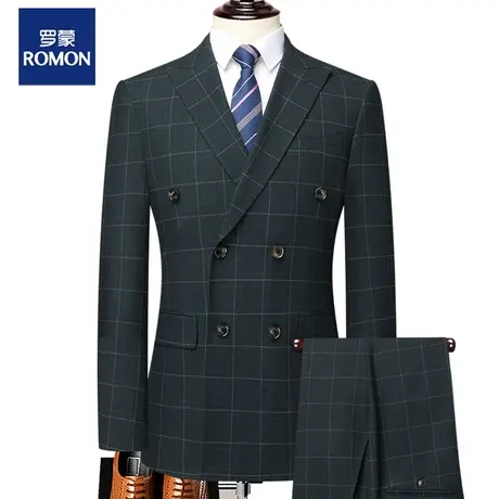 罗蒙西装套装男新郎结婚商务复古条纹双排扣正装高级感西服两件套商品大图