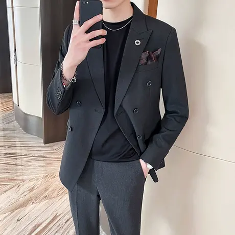 双排扣痞帅西装男三件套潮流韩版修身大码胖子外套男休闲西服套装商品大图