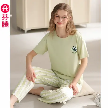 芬腾女士睡衣夏季纯棉短袖圆领套装女款可爱休闲加大码全棉家居服商品大图