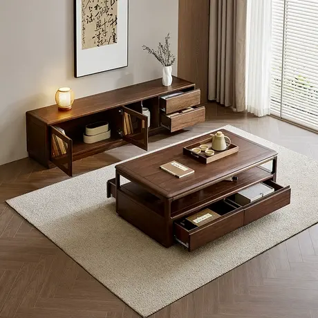 全友家居客厅家用新中式实木框架电视机柜收纳储物一体柜图片