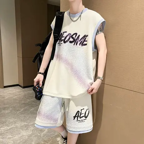 运动套装男夏季帅气休闲工装短裤男青少年篮球服t恤短袖一套搭配商品大图