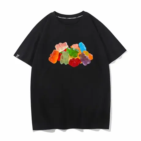 秀洛小熊糖果软糖图案印花Q弹休闲情侣装衣服半袖宽松圆领短袖T恤商品大图