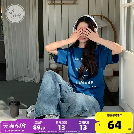 yoe短袖t恤女宽松蓝色纯棉上衣美式复古2025年夏季新款潮牌体恤女商品大图