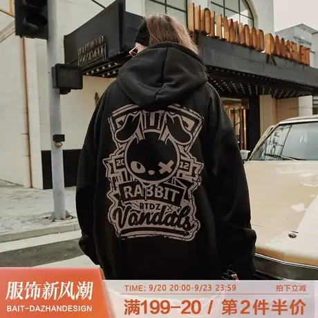 国潮本命年兔子卫衣男女连帽复古宽松秋冬黑色兔年潮牌无性别外套商品大图