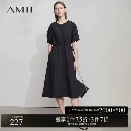 AMII【文艺休闲连衣裙】韩版休闲文艺简约抽绳收腰中长款连衣裙图片