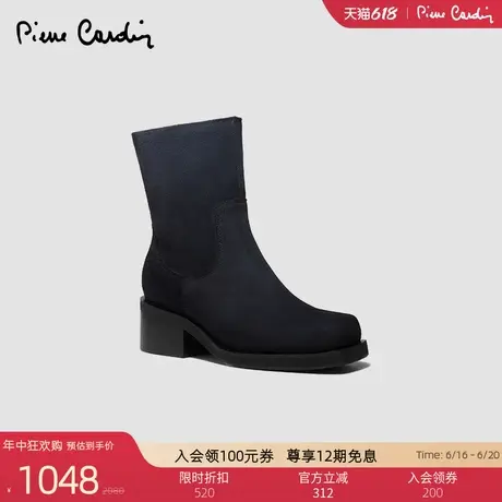 皮尔卡丹女鞋真皮牛反绒鞋面羊皮内里方头透气渐变色显瘦皮靴子女图片