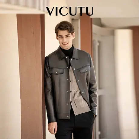 VICUTU威可多皮衣秋冬橙标棕色翻领机车服潮流修身皮夹克图片