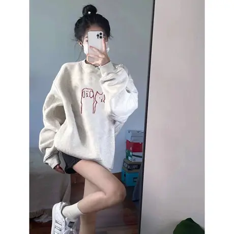 ins超火薄款圆领卫衣女早秋百搭宽松显瘦韩版高级感外套上衣ins潮商品大图