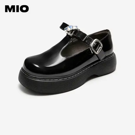 MIO米奥秋季萌酷圆头少女玛丽珍复古T字袢带闪钻蝴蝶单鞋女图片