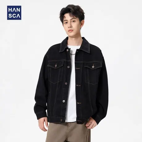 hansca美式复古水洗牛仔外套男春秋季潮牌宽松翻领大码明辑线夹克图片