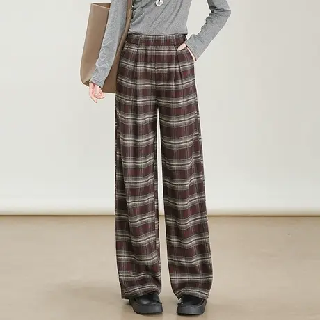 复古格子阔腿裤女2025秋季新款高腰显瘦直筒裤百搭通勤休闲长裤子商品大图