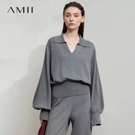 Amii2025秋新款通勤翻领V领开衩灯笼袖毛衣女宽松落肩袖收腰上衣商品大图