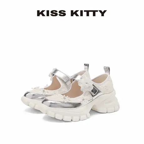 【呼呼专享】KISSKITTY厚底玛丽珍老爹鞋女新款银色花朵休闲网纱商品大图