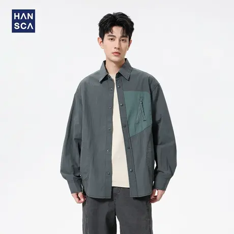 hansca复古拼接工装男衬衫长袖2025新款秋季休闲立领痞帅衬衣外套商品大图