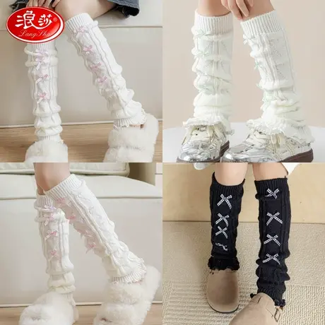 儿童秋冬蝴蝶结针织百搭袜套女童白色冬天保暖木耳边堆堆袜小腿套图片