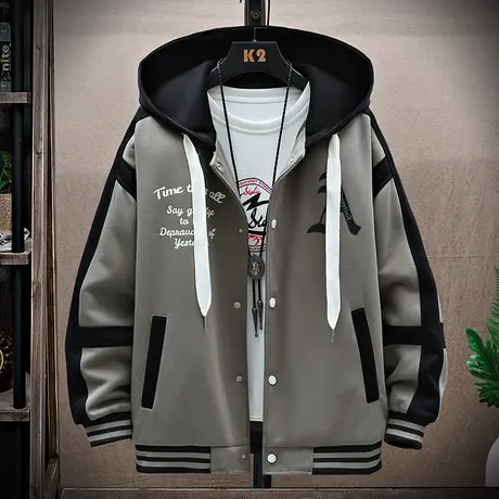 连帽外套男春秋季美式宽松拼接棒球服青少年潮牌印花休闲帅气夹克商品大图