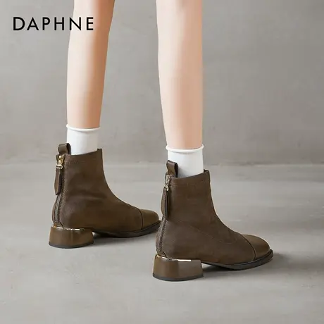 达芙妮棕色短靴女2025秋冬新款法式绒面瘦瘦靴复古美拉德切尔西靴商品大图