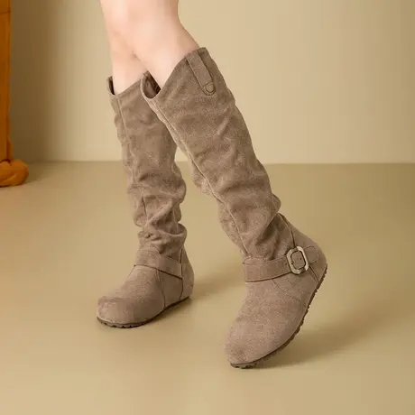 exull/依思Q高筒靴女2025新款秋冬圆头褶皱长靴百搭复古堆堆靴图片
