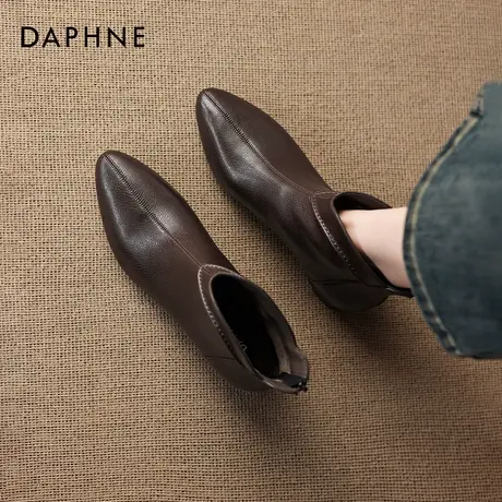 达芙妮尖头短靴女2026新款秋冬季加绒棕色瘦瘦靴子女款平底马丁靴商品大图