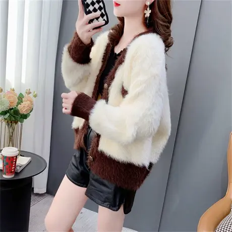 复古小香风短款V领毛衣开衫女春季2023年新款小个子毛毛针织外套商品大图