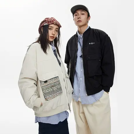 设计感拼接棒球服棉服女2023新款加棉冬天外套复古情侣装宽松棉衣图片