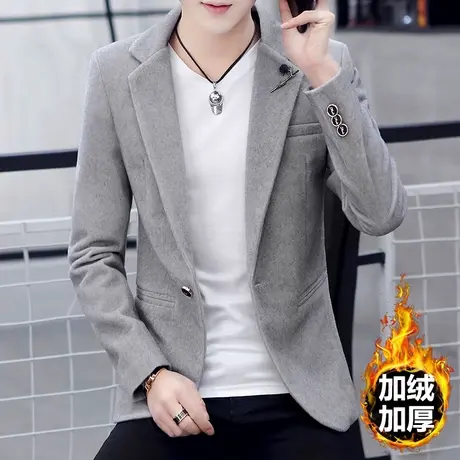 2023秋冬外套男士韩版潮流秋冬季新款修身加绒加厚休闲呢子小西装商品大图