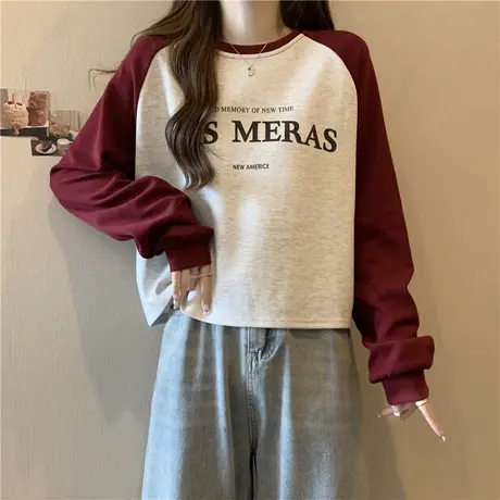 ins超火短款卫衣女春秋薄款2023新款韩版宽松撞色长袖vintage上衣商品大图