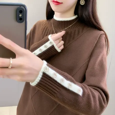 半高领毛衣女宽松2023秋冬装新款韩版菱形拼色百搭打底针织衫上衣图片