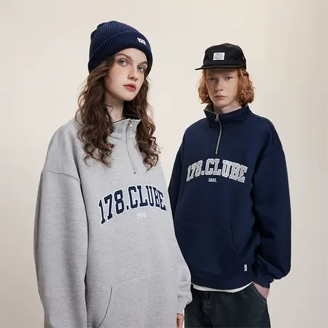 美式复古半高领卫衣女春秋2023年新款无帽套头宽松情侣装潮牌上衣商品大图