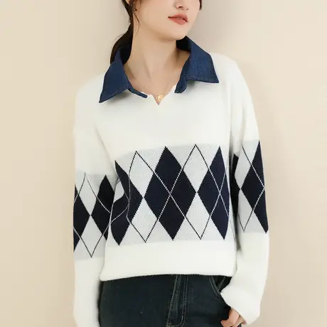 新品8.5折】POLO领菱格纹套头毛衣女宽松休闲撞色上衣加厚图片