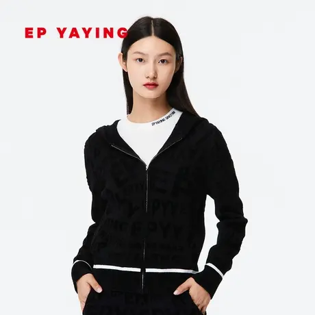 EP YAYING雅莹女 黑色羽毛纱连帽毛针织拉链开衫 商场同款9101A图片