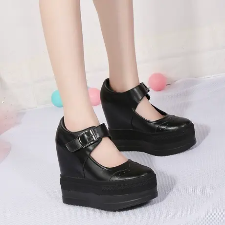 10cm内增高小皮鞋女英伦风雕花玛丽珍鞋一字带超高跟真皮厚底单鞋图片