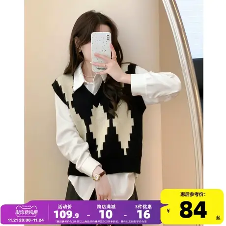 唐狮复古菱形格V领套头马甲女2023年秋冬新款日系马甲背心外穿PO图片