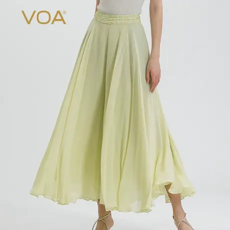 VOA乔其纱桑蚕丝黄绿色自然腰清新时尚休闲百褶双层真丝阔腿裤女图片