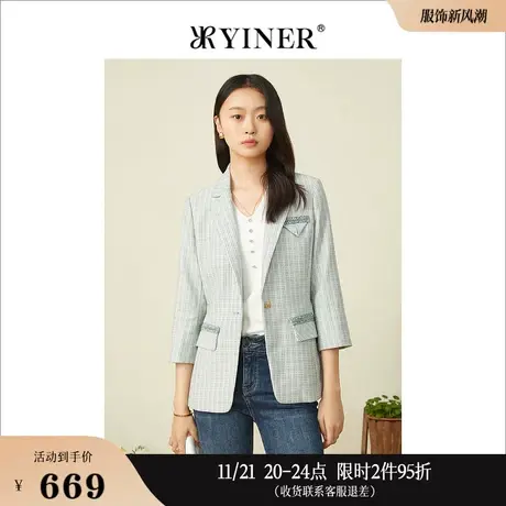YINER音儿女装春季小香风一粒扣浅绿西装领短外套图片